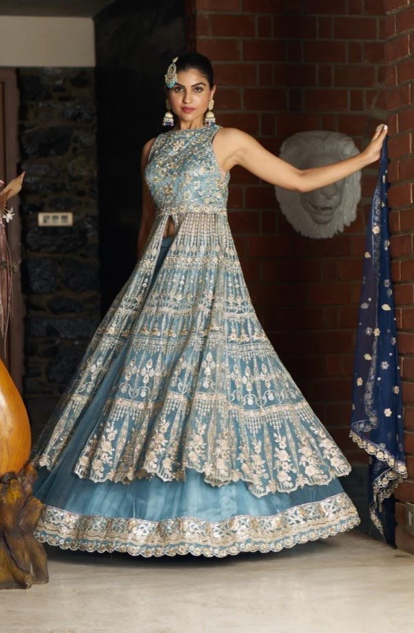 Dusky Elegance Blue Anarkali with Lehenga